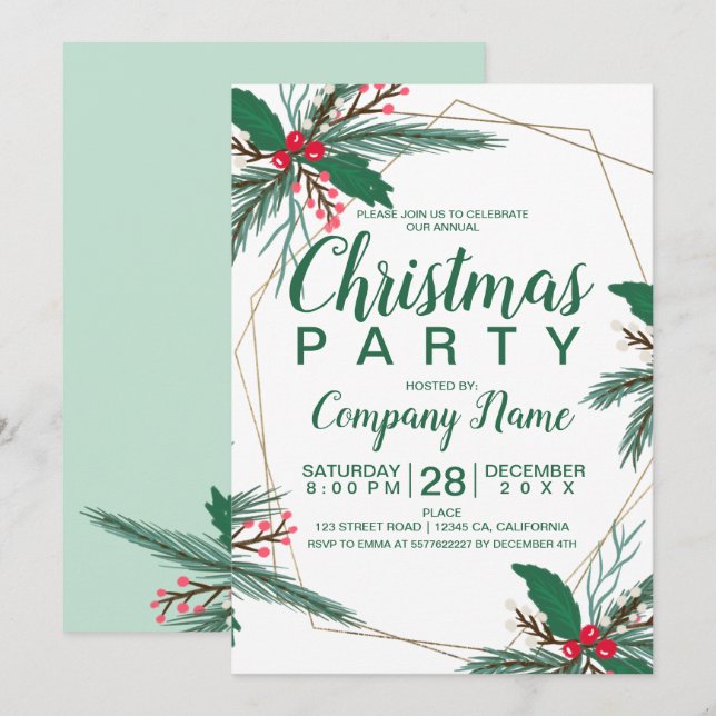 Rustic Christmas corporate mistletoe gold frame Invitation (Front/Back)