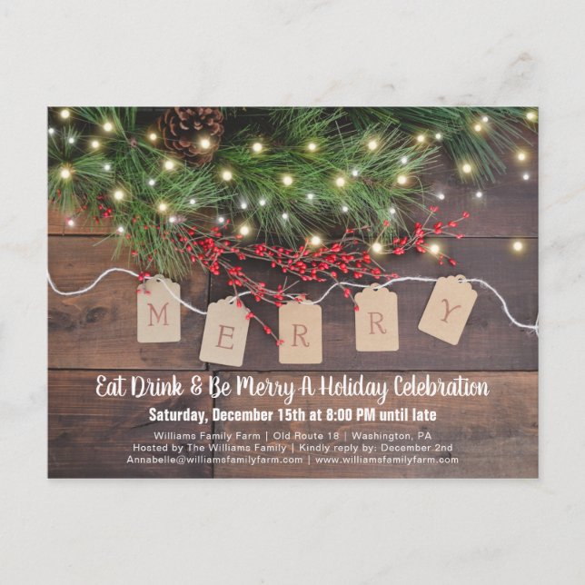 Rustic Christmas Country Holiday Party Invitation Postcard (Front)