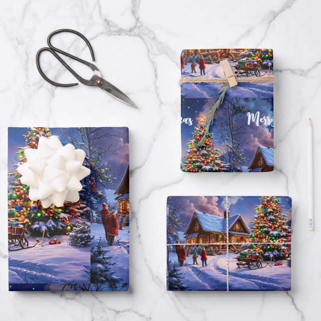 Rustic Christmas  Cozy Snowy Cabin in the Forest  Wrapping Paper Sheet (Front)