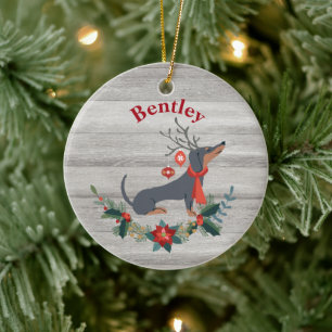 Rustic Christmas Dachshund with Antlers & Greenery Ceramic Ornament