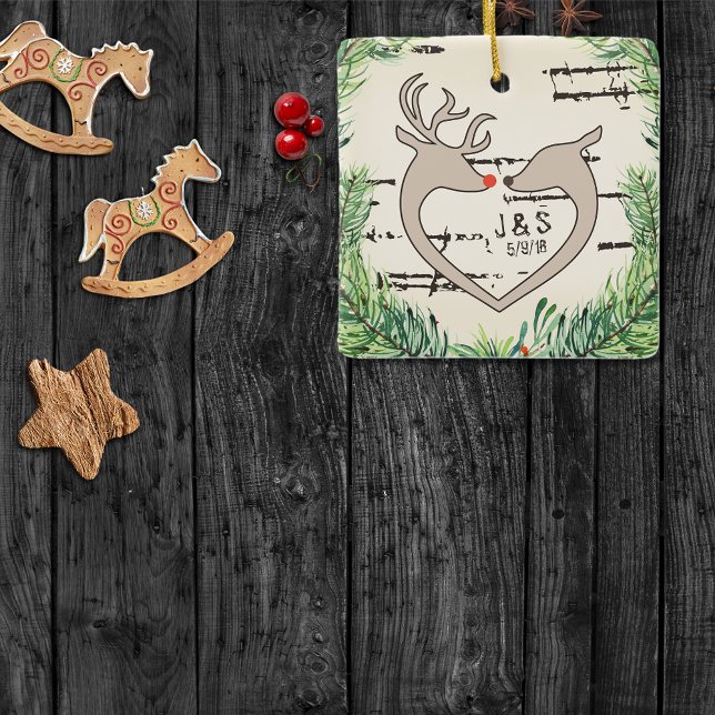 Rustic Christmas Deer Silhouette Heart Ceramic Ornament (Creator Uploaded)