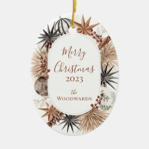 Rustic Christmas Design Featuring Family Name Ceramic Ornament