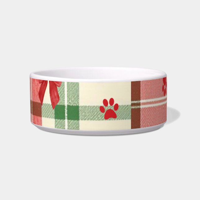 Rustic Christmas Dog Bowl – Red, Green & Cream (Front)