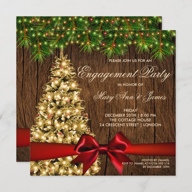 Rustic Christmas Engagement Party Tree & Ribbon Invitation (Front/Back)
