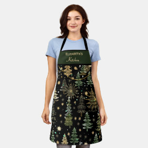 Rustic Christmas Evergreen Trees Green and Gold Apron
