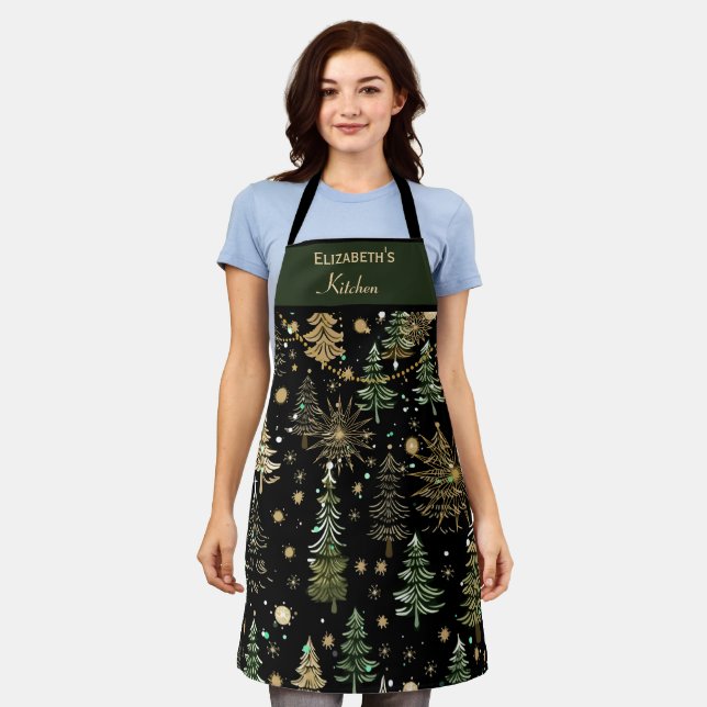 Rustic Christmas Evergreen Trees Green and Gold Apron (Worn)