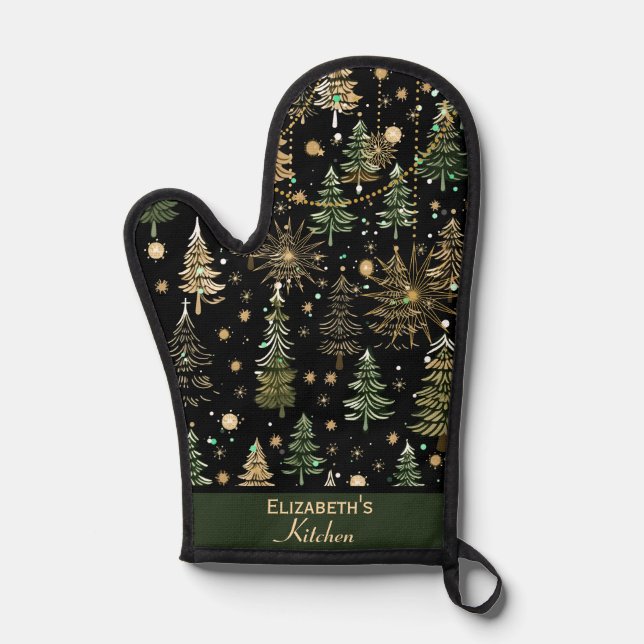 Rustic Christmas Evergreen Trees Green and Gold Oven Mitt (Front)