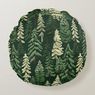 Rustic Christmas Evergreen Trees Round Pillow