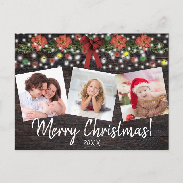 Rustic Christmas Festive Lights & Garland 3 Photo Holiday Postcard (Front)