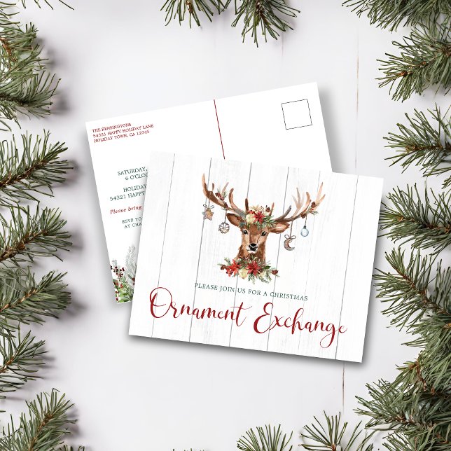 Rustic Christmas Floral Antlers Ornament Exchange Holiday Postcard (Rustic Christmas Floral Antlers Ornament Exchange Holiday Postcard)