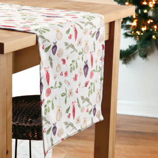 Rustic Christmas floral bauble watercolor pattern Short Table Runner