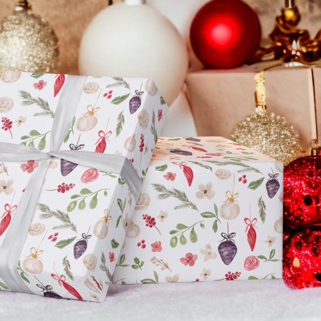 Rustic Christmas floral bauble watercolor pattern Wrapping Paper (Rustic Christmas floral bauble watercolor pattern Wrapping Paper on white)
