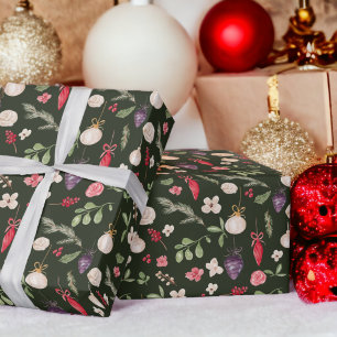 Rustic Christmas floral bauble watercolor pattern Wrapping Paper