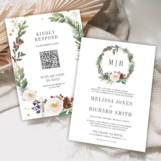 Rustic Christmas Floral Monogram QR Code Wedding Invitation (Creator Uploaded)