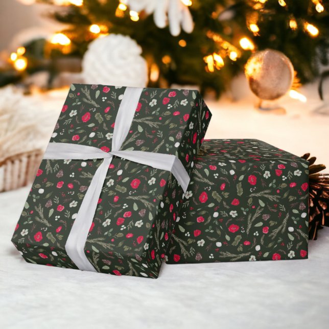 Rustic Christmas floral red watercolor pattern Wrapping Paper (Rustic Christmas floral red watercolor pattern Wrapping Paper)