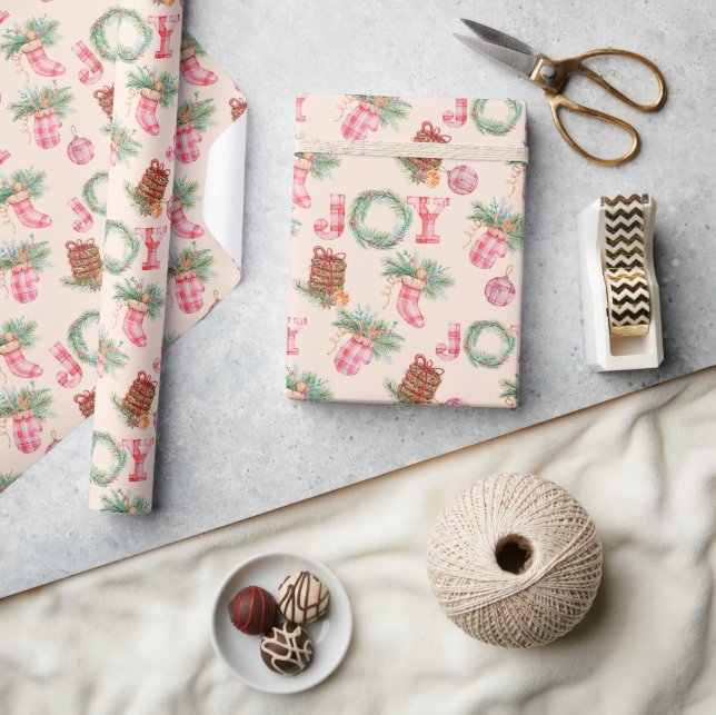 Rustic Christmas gingham joy holiday gift Wrapping Paper (Crafts)