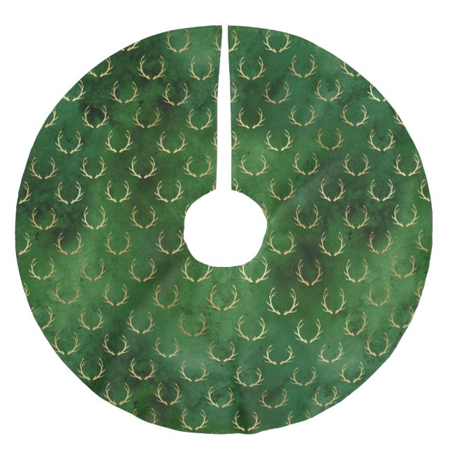 Rustic Christmas gold green cute antlers pattern Brushed Polyester Tree Skirt (Front)
