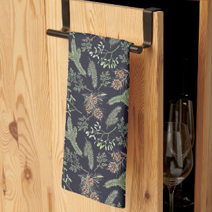 Rustic Christmas Greenery Botanical Pattern Kitchen Towel
