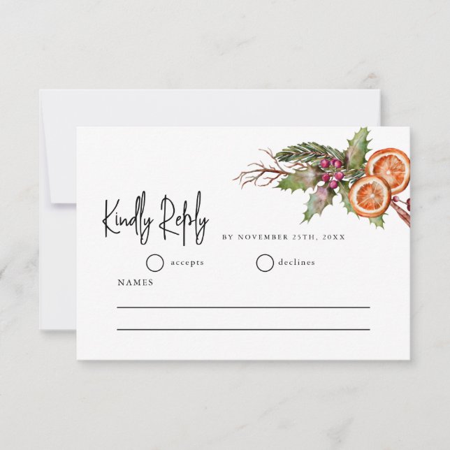 Rustic Christmas Greenery Wedding RSVP Card (Front)