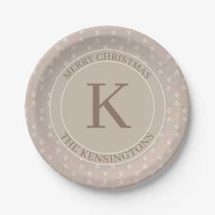 Rustic Christmas Holiday Party Beige Monogram Paper Plate
