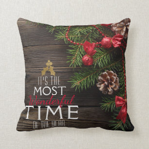 Rustic Christmas Holiday The Most Wonderful Time Throw Pillow