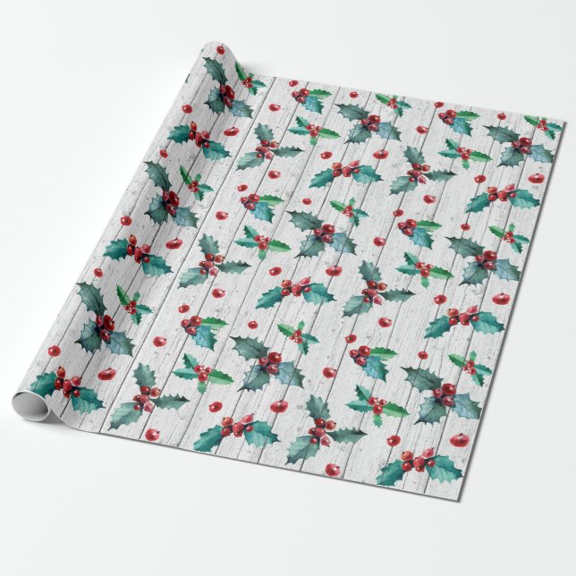 Rustic Christmas Holly On White Barn Wood Pattern Wrapping Paper (Unrolled)
