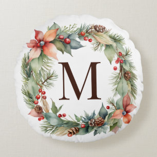 Rustic Christmas Holly Poinsettia Wreath Monogram Round Pillow