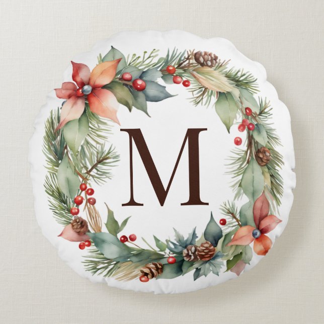 Rustic Christmas Holly Poinsettia Wreath Monogram  Round Pillow (Front)