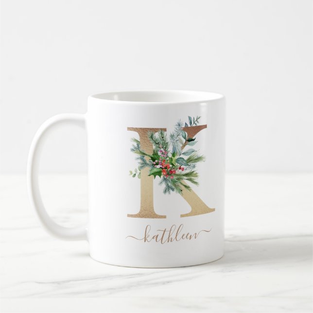 Rustic Christmas Holly Red Berries Gold Monogram K Coffee Mug (Left)