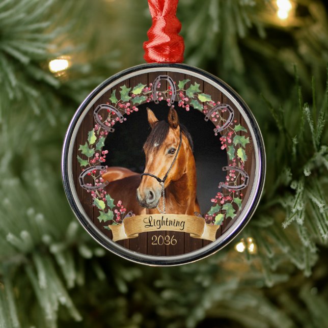 Rustic Christmas Horse Photo Personalized Metal Ornament (Tree)