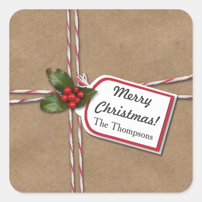 Rustic Christmas Kraft Paper Holly Merry Christmas Square Sticker (Front)