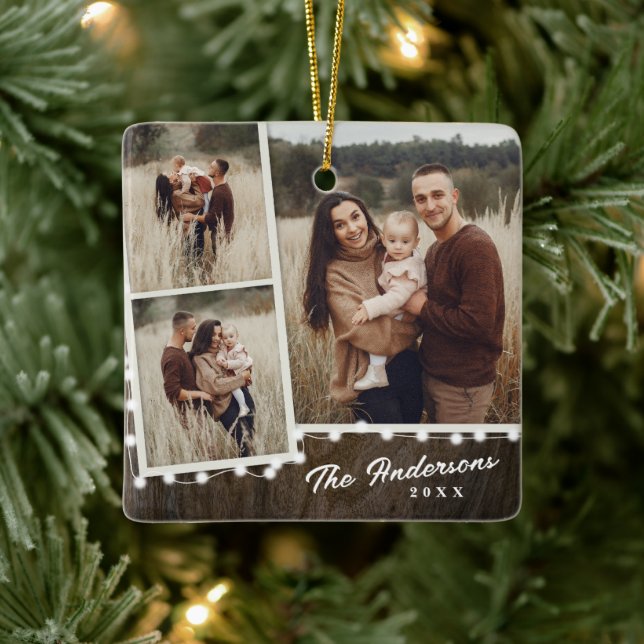 Rustic Christmas Lights 3 Photo Collage Holiday Ceramic Ornament (Tree)