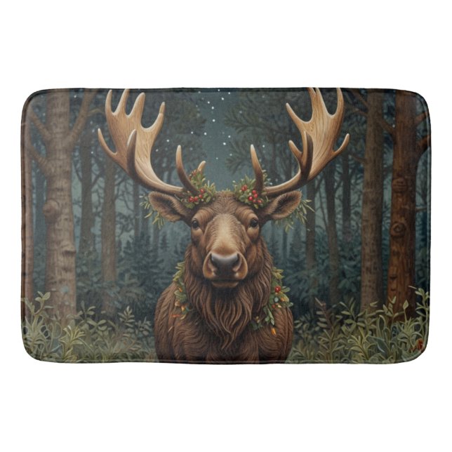 Rustic Christmas moose deer boho woodland forest  Bath Mat (Front)