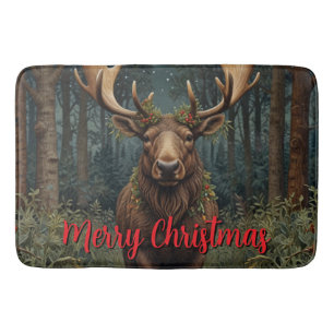 Rustic Christmas moose deer boho woodland forest  Bath Mat