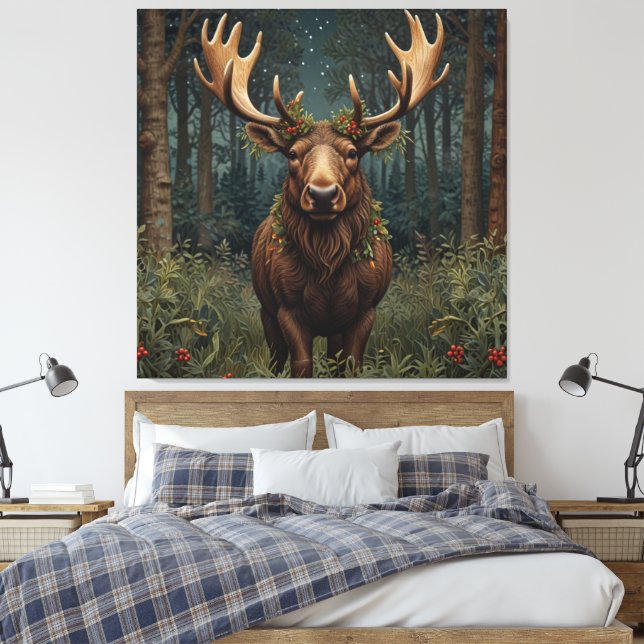 Rustic Christmas moose deer boho woodland forest  Canvas Print (Insitu(Bedroom))