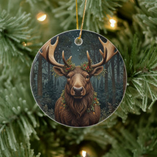Rustic Christmas moose deer boho woodland forest  Ceramic Ornament