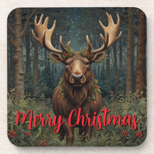 Rustic Christmas moose deer boho woodland forest  Coaster