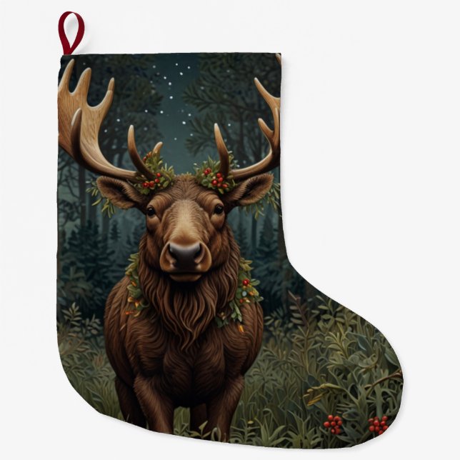 Rustic Christmas moose deer boho woodland forest  Large Christmas Stocking (Front)