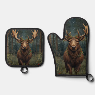 Rustic Christmas moose deer boho woodland forest  Oven Mitt & Pot Holder Set