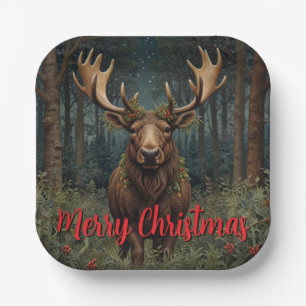 Rustic Christmas moose deer boho woodland forest  Paper Plate