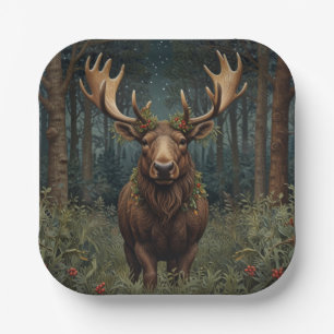 Rustic Christmas moose deer boho woodland forest  Paper Plate