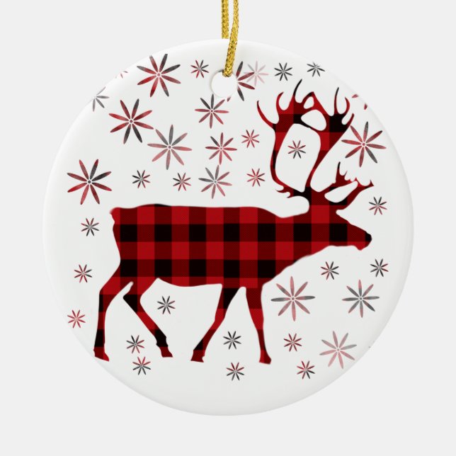 Rustic Christmas Moose deer elk red black plaid  Ceramic Ornament (Front)