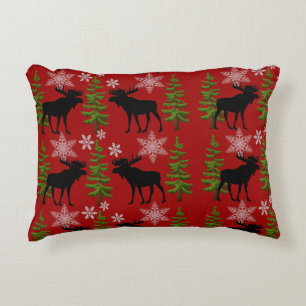 Rustic Christmas Moose Red and Black  Accent Pillow