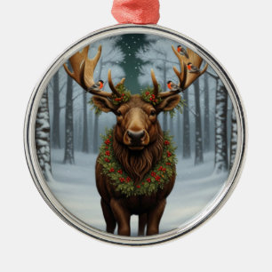 Rustic Christmas moose winter woodland forest  Metal Ornament