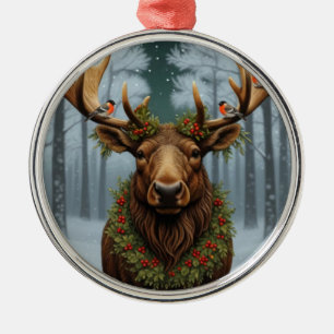 Rustic Christmas moose winter woodland forest  Metal Ornament
