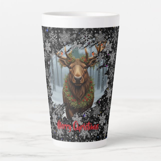 Rustic Christmas moose winter woodland forest snow Latte Mug (Front)