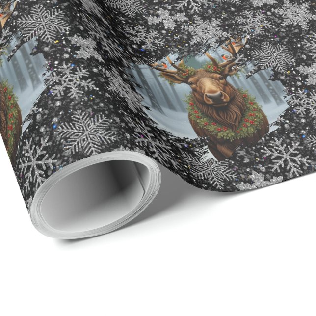 Rustic Christmas moose winter woodland forest snow Wrapping Paper (Roll Corner)
