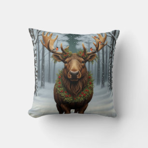 Rustic Christmas moose winter woodland forest  Throw Pillow