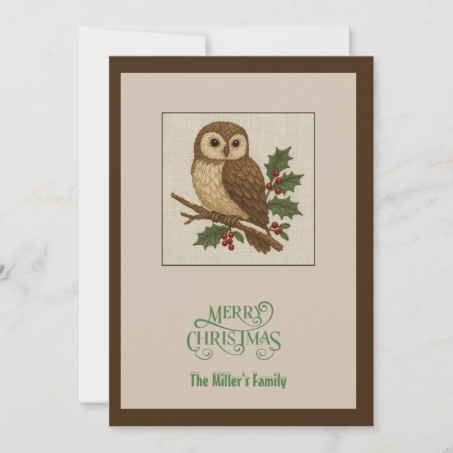  Rustic Christmas Owl with Holly leaves Holiday Card (Front)