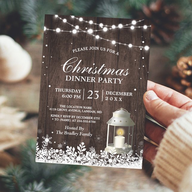 Rustic Christmas Party String Lights White Lantern Invitation (Creator Uploaded)